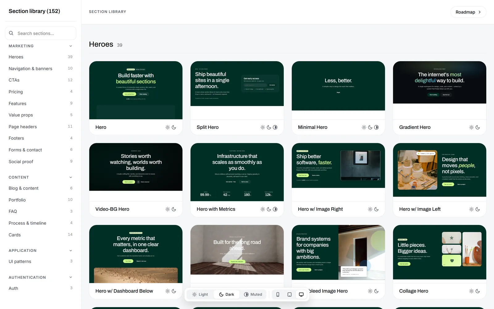 The same section library in dark mode, the Heroes thumbnails re-themed dark