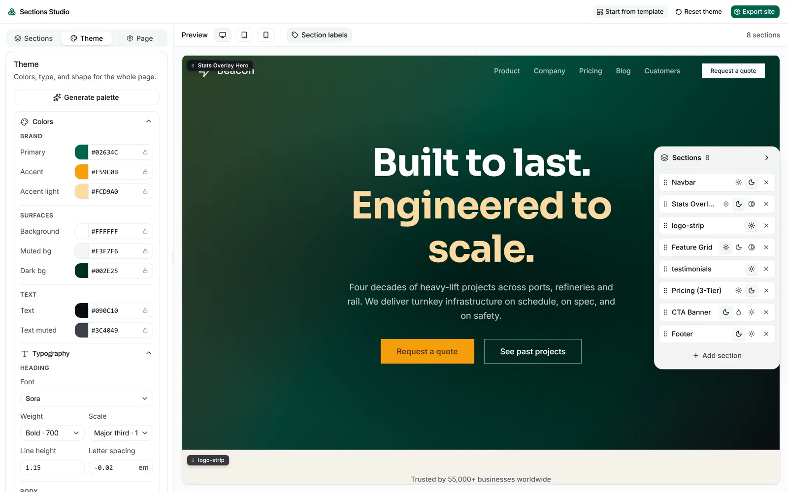 The studio Theme tab open, showing colour and typography controls with a custom palette applied to the page preview